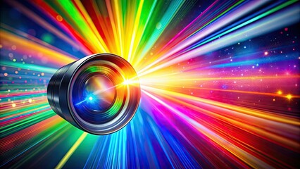 Vibrant rainbow colors burst through a prism, emitting a brilliant flare that refracts light through a camera lens, creating a stunning, abstract optical effect.