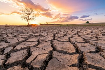 Fototapeta premium A wide shot of cracked, dried soil under a vibrant sunset with a single bare tree in the background, illustrating the effects of drought and climate change.