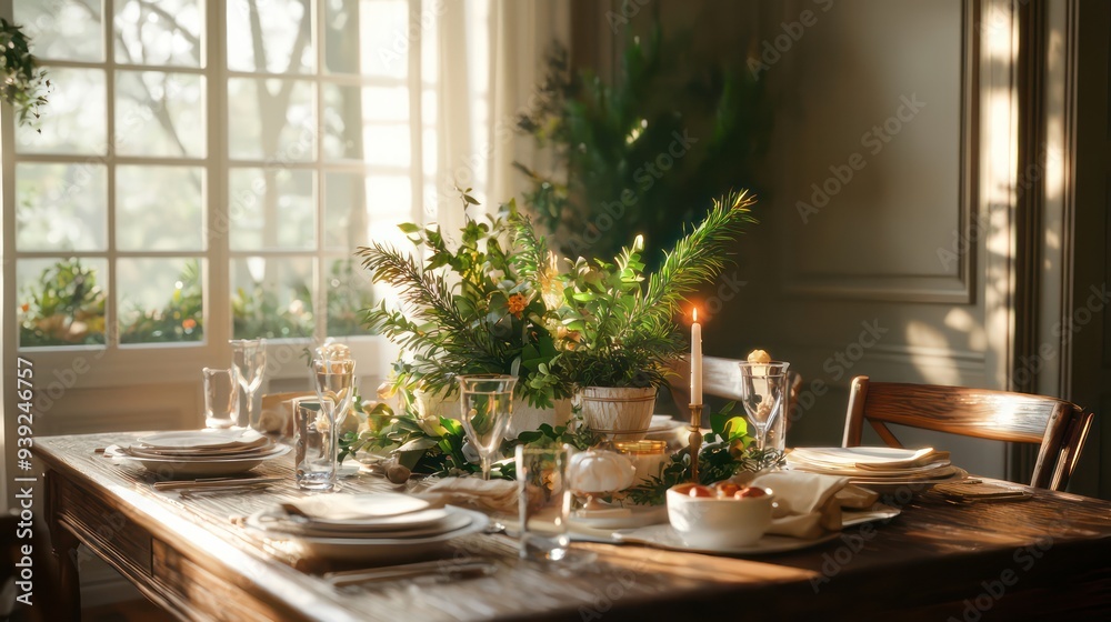 Poster A table is set for a holiday dinner with a vase of greenery and candles. The table is set with plates, glasses, and utensils, and there is a bowl of food on the table