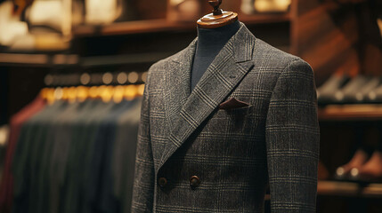 A grey plaid double-breasted suit jacket on a mannequin in a clothing store.