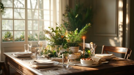 A table is set for a holiday dinner with a vase of greenery and candles. The table is set with plates, glasses, and utensils, and there is a bowl of food on the table