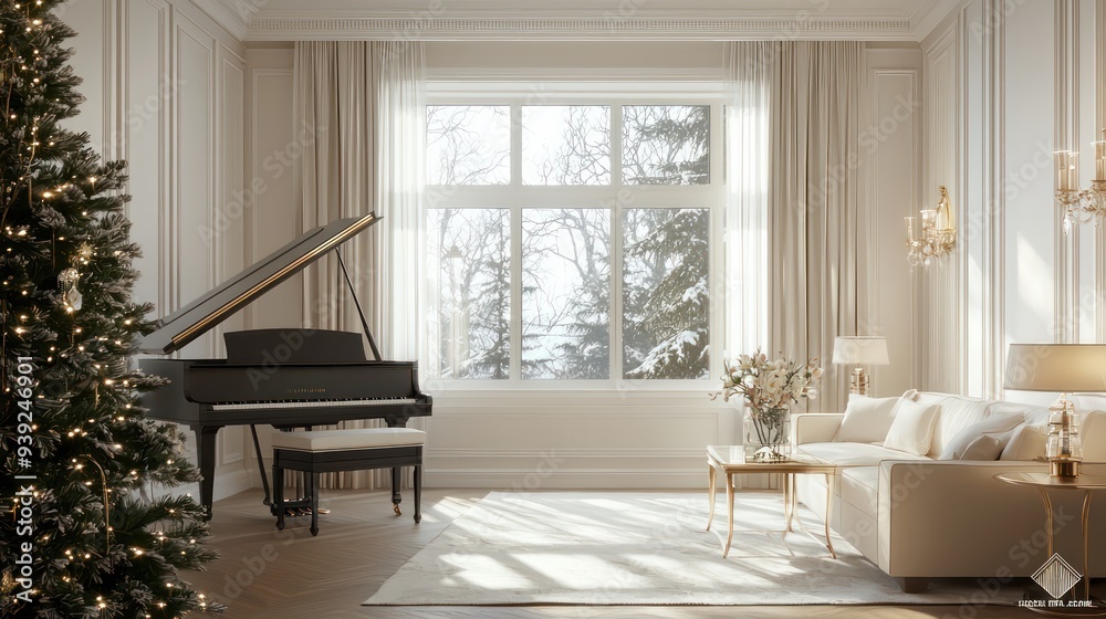 Poster a large piano is in the middle of a room with a christmas tree and a window. the room is decorated w