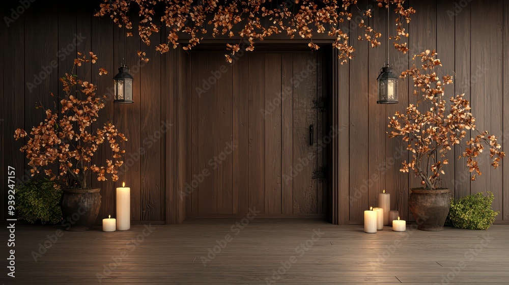 Poster a wooden door with a candle lit in front of it. the door is surrounded by potted plants and candles,