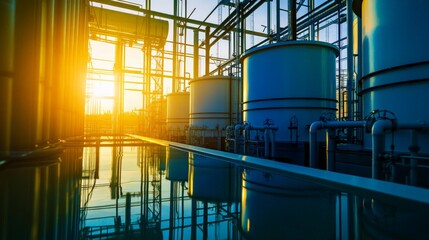 Sunset illuminating an industrial facility with large storage tanks and complex piping, reflecting on water for a futuristic ambiance.