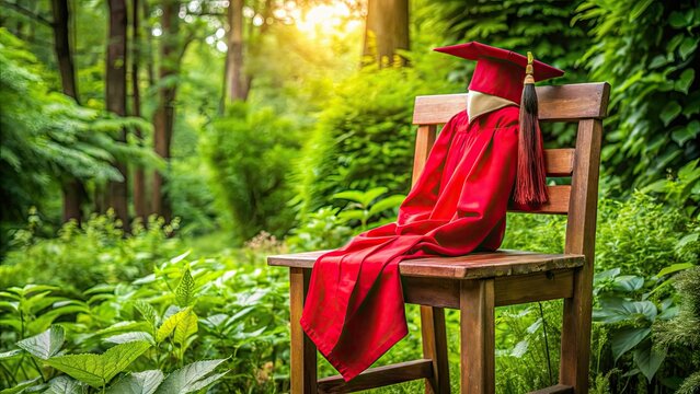 Vibrant red graduation cap and gown elegantly draped on a rustic wooden chair, surrounded by lush greenery, symbolizing academic achievement and new beginnings.