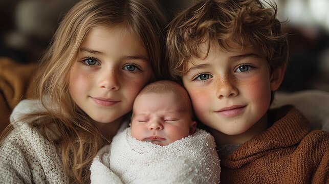 A family at home practicing RSV prevention by keeping a newborn separated from older siblings showing signs of cold-like symptoms.