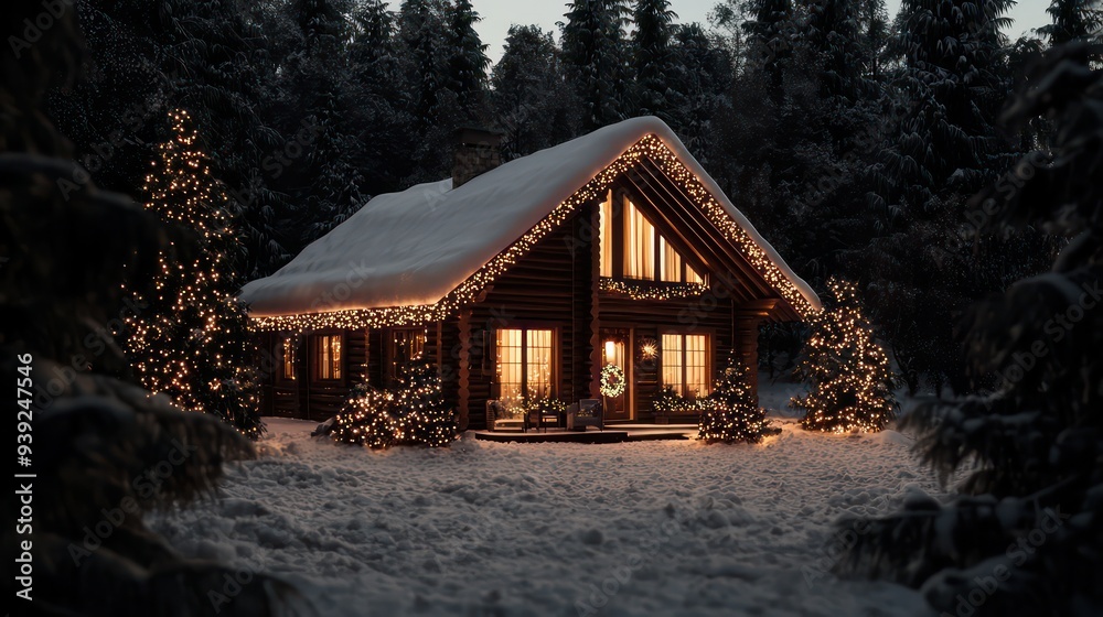 Poster a cozy log cabin with a christmas tree in the front yard. the house is lit up with lights and decora
