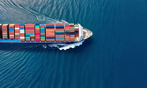 A massive cargo ship navigates through the deep blue waters, carrying a vibrant load of containers. The clear skies create a serene backdrop for this busy maritime activity