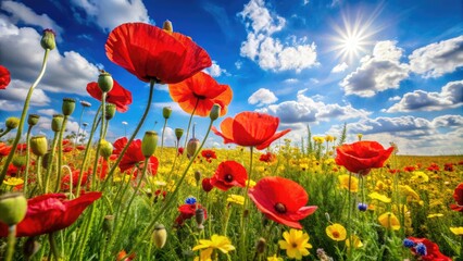 Obraz premium Vibrant red poppies and yellow wildflowers bloom together in a lush, sun-kissed field, swaying gently in the breeze against a bright blue summer sky.