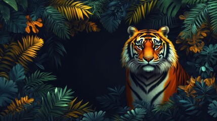 The vibrant tiger stands amidst rich tropical leaves, showcasing its striking stripes