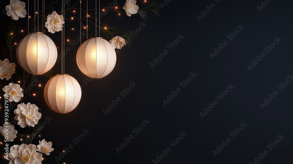Poster a black background with three white lanterns hanging from the ceiling