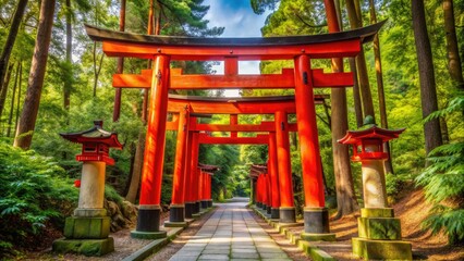 Fototapeta premium Vibrant red torii gates adorned with golden accents stand majestically amidst serene natural surroundings, capturing the essence of Japan's rich cultural heritage and spiritual traditions.