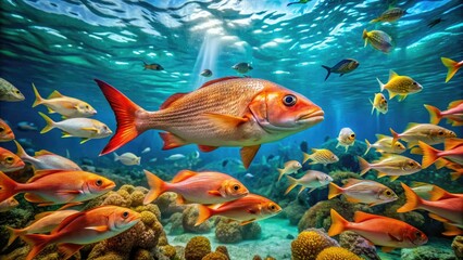 Naklejka premium Vibrant redfish swims amidst schools of smaller fish in crystal-clear turquoise water, coral reef and seaweed-covered rocks visible in the background.