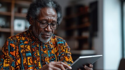 Obraz premium An older gentleman immersed in digital reading while seated comfortably indoors