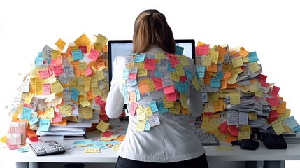 An office worker struggles with a mountain of sticky notes and paperwork