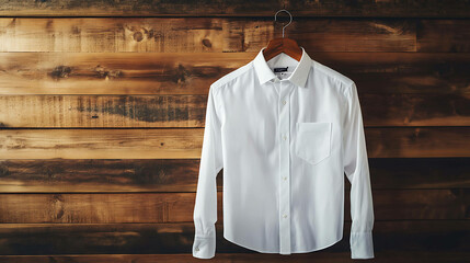 White long sleeve button-down shirt hanging on a wooden hanger against a wood panel background.