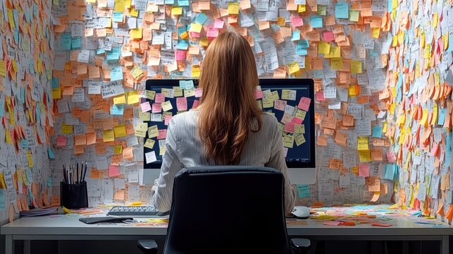 A woman at her desk is immersed in work, surrounded by colorful sticky notes