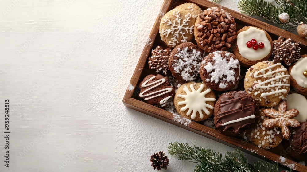 Poster a tray of assorted cookies and brownies with a white background. the tray is filled with a variety o