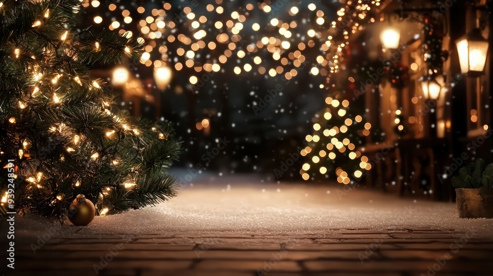 Aufkleber a christmas tree is lit up with lights and a few ornaments. the tree is surrounded by a snowy path