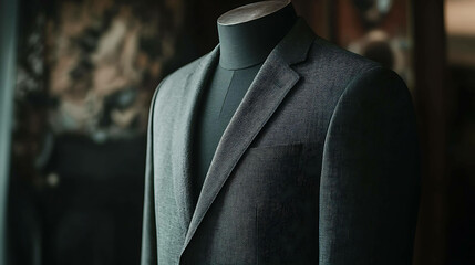 A close-up of a tailored men's suit jacket on a mannequin.