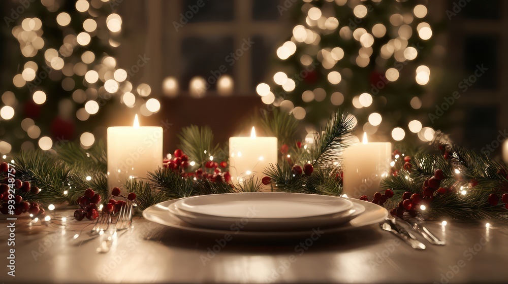 Poster a table with a white plate and silverware, and three candles on a table