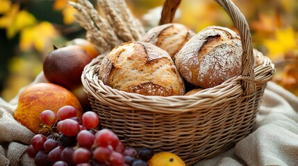 A wicker basket of bread with fruit and autumn leaves surrounding it.