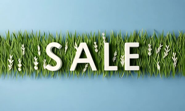 A lively spring sale promotion showcases the word SALE surrounded by fresh greenery and delicate flowers against a blue background, highlighting special discounts for seasonal products