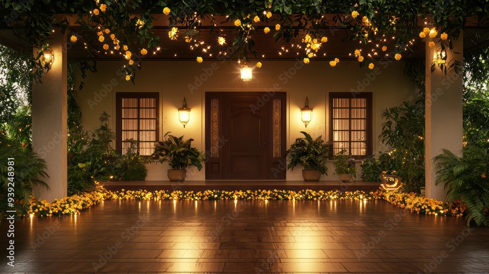 Poster A house with a porch and a large tree in front of it. The porch is lit up with lights and there are potted plants on the porch