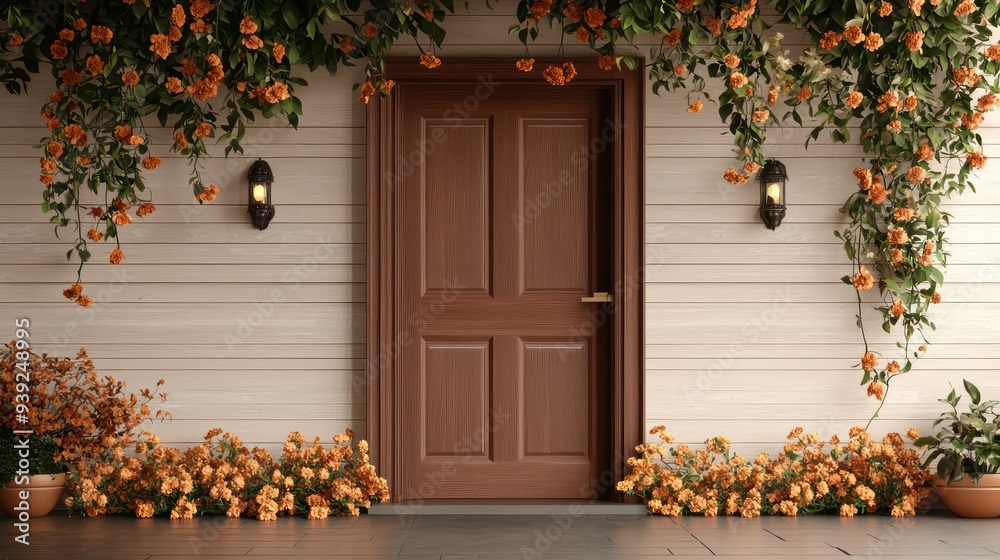Poster a brown door with a gold handle sits in front of a house with orange flowers in pots. the door is su