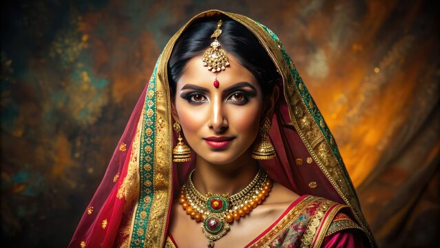 Vibrant silk fabrics draped elegantly, ornate embroidery shines on a majestic woman adorned in traditional Indian attire, exuding cultural beauty and heritage.