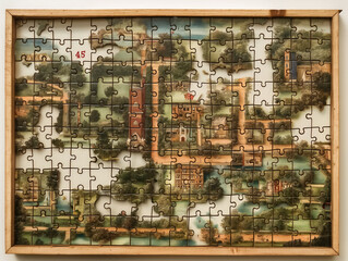 A puzzle of a city with a red number 45 on it. The puzzle is missing pieces and the image is incomplete