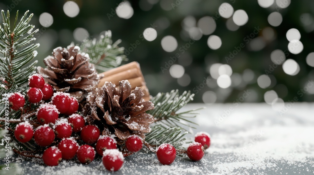 Poster a christmas tree with red berries and pine cones on a snowy background. concept of warmth and holida