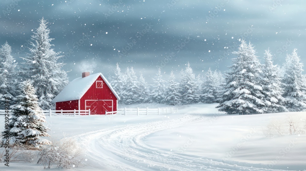 Aufkleber a red barn is surrounded by snow and pine trees. the barn is the only building in the scene. the sno