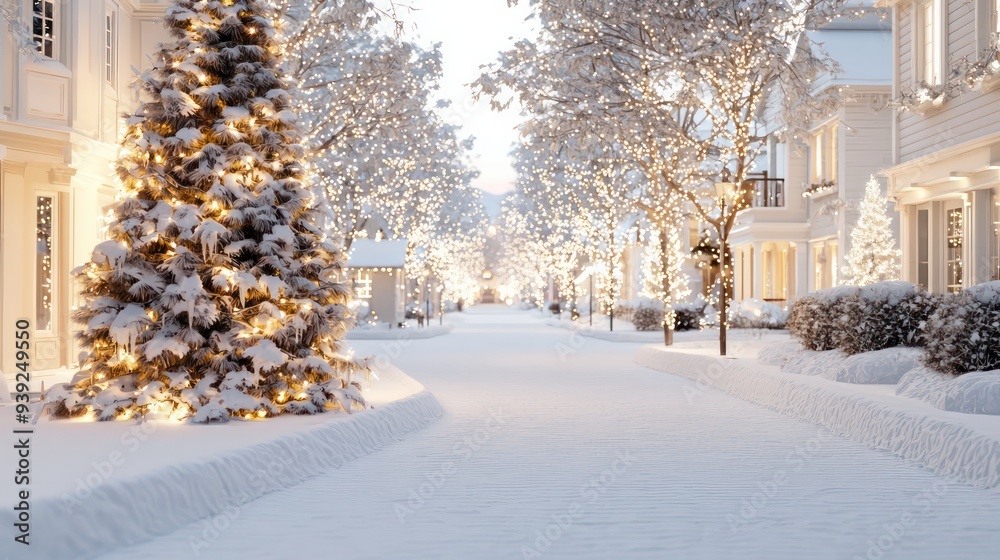 Leinwandbilder a street with a christmas tree in the middle and houses on either side. the street is covered in sno