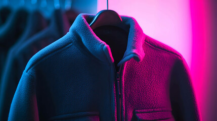 Closeup of a blue fleece jacket hanging on a hanger with pink and blue lighting.