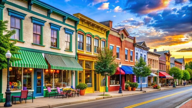 Vibrant storefronts line the charming main street of a quaint small town, showcasing unique boutiques and family-owned eateries that embody the essence of local entrepreneurship.