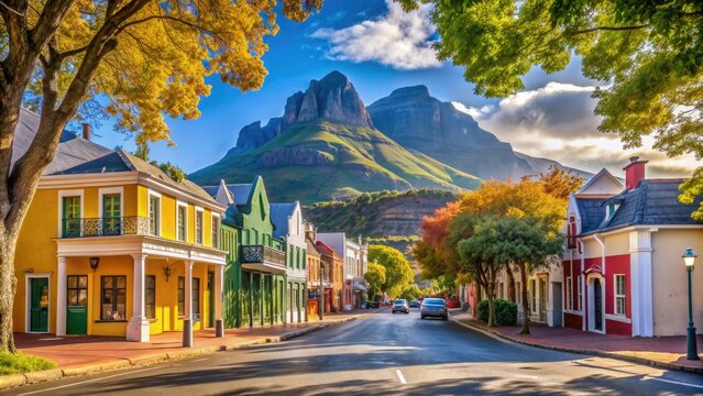 Vibrant street scene in historic Stellenbosch, South Africa, featuring colorful buildings, oak trees, and picturesque mountain backdrop on a sunny day.