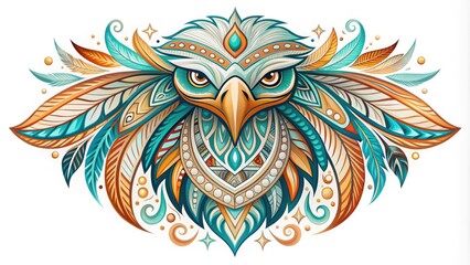 Obraz premium Vibrant stylized tribal logo featuring a majestic eagle's feather, adorned with intricate patterns and swirls, in shades of turquoise, orange, and cream, on a white background.