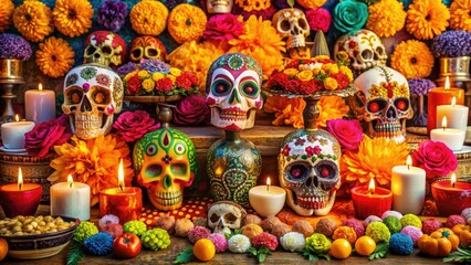 Fototapeta premium Vibrant sugar skulls, marigolds, and ornate altars adorn a festive Dia de los Muertos celebration, blending traditional Mexican heritage with colorful, whimsical illustrations.