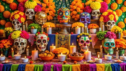 Vibrant sugar skulls, marigolds, and papel picado adorn a colorful altar, celebrating the dearly departed at a lively Day of the Dead festival.