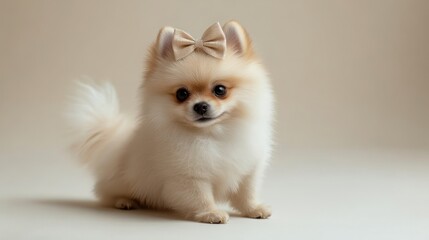 A fluffy Pomeranian sits elegantly, showcasing its adorable bow and playful demeanor
