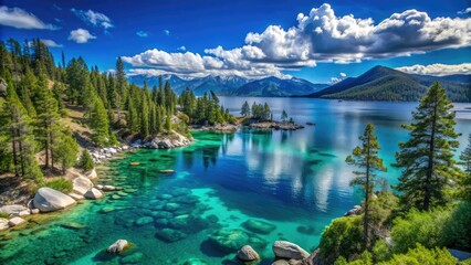 Vibrant summer scene at Lake Tahoe, with clear turquoise water, surrounding Sierra Nevada mountains, and lush green forests under a bright blue sky.