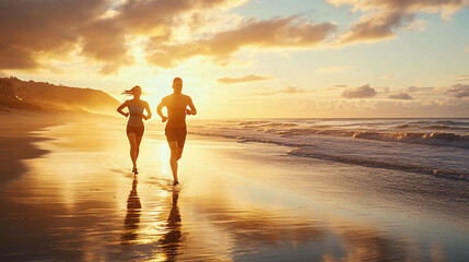 A couple runs on a sandy beach at sunset, with the ocean waves crashing behind them.