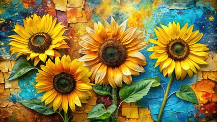 Obraz premium Vibrant sunflowers bursting with yellow petals and dark centers set against a mixed media collage background of ripped paper, paint, and abstract textures.