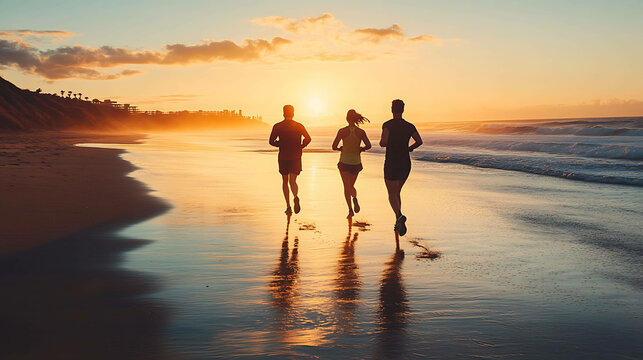 Three people running along a beach at sunset, with a beautiful golden sky.