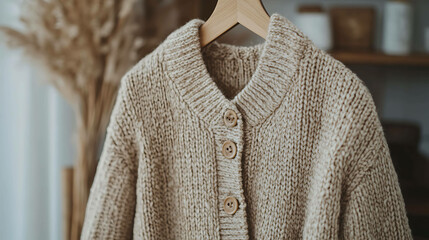 A close-up of a beige knitted cardigan hanging on a wooden hanger.