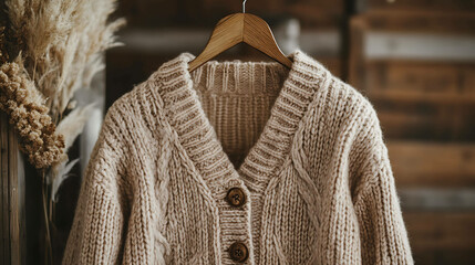 A beige knitted cardigan with wooden buttons hanging on a wooden hanger.