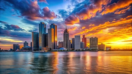 Obraz premium Vibrant sunset casts a warm glow on the Detroit River, highlighting the majestic Renaissance Center and vibrant cityscape of Michigan's largest city skyline.