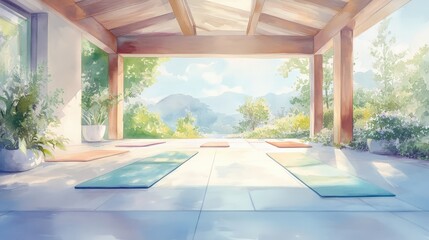 Fototapeta premium A yoga studio with a view of mountains
