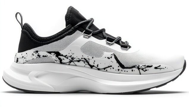 A close-up shot of a white sneaker with black splashes on the side.